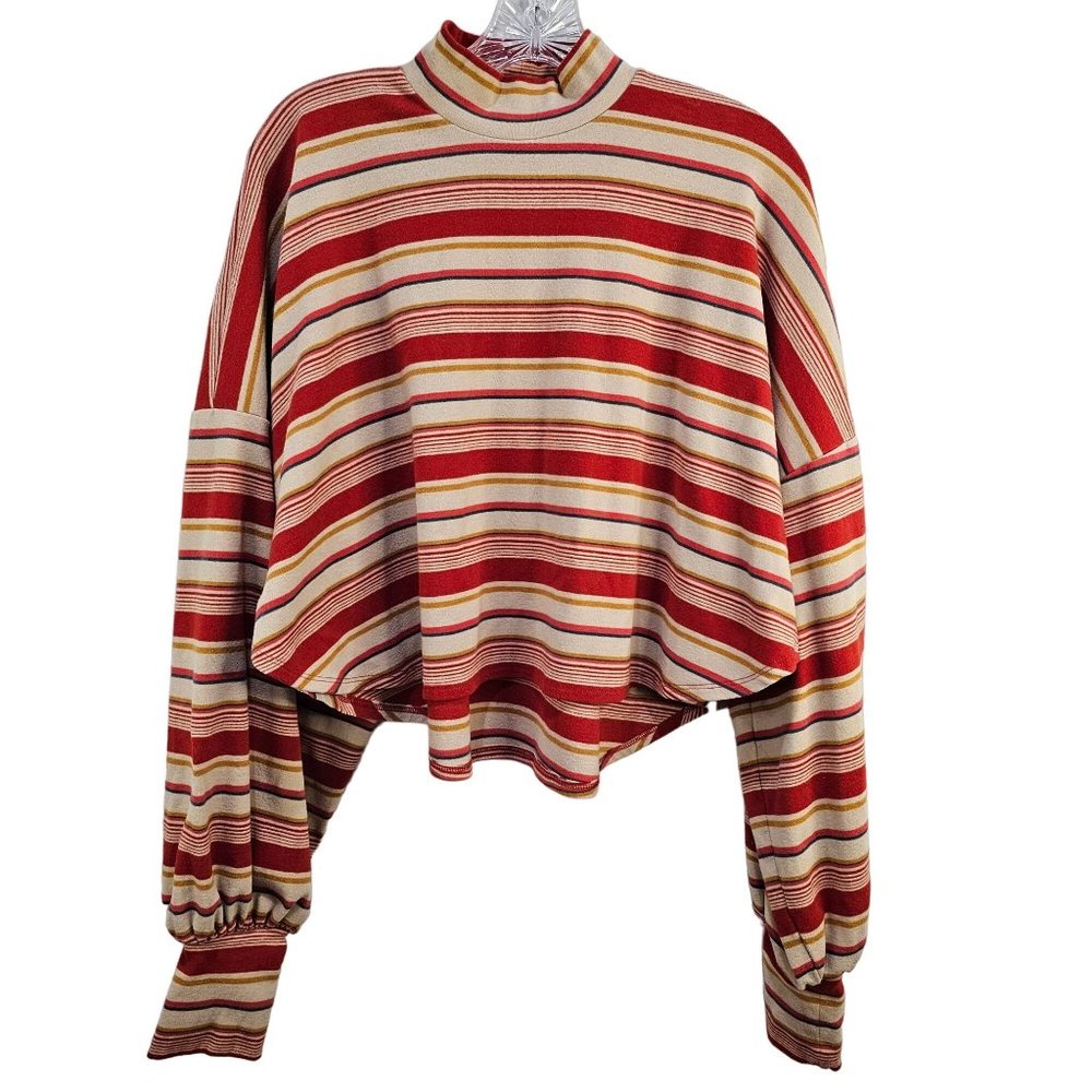 Free People Top Steph Women's Size Small Crop Longsleeve Mock Neck Stripes